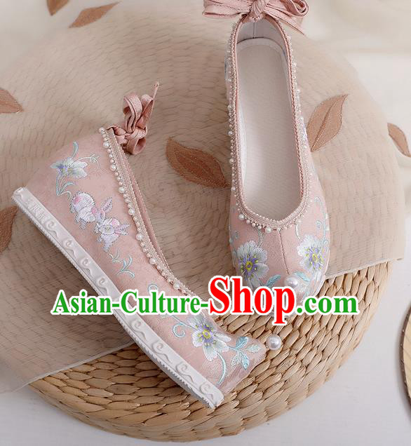 China Traditional Ming Dynasty Pink Cloth Shoes Princess Shoes Embroidered Rabbit Flowers Shoes Hanfu Bow Shoes