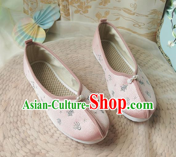 China Traditional Hanfu Shoes Song Dynasty Pearls Embroidered Shoes Ancient Princess Pink Cloth Shoes
