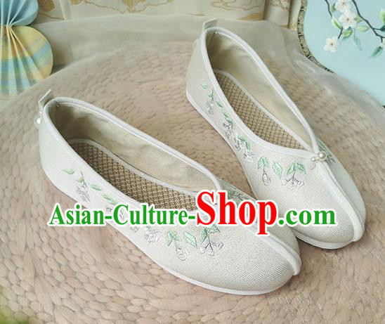China Song Dynasty Embroidered Shoes Ancient Princess Beige Cloth Shoes Traditional Hanfu Shoes