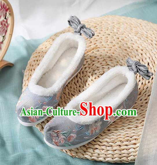 Chinese National Woman Winter Grey Cloth Shoes Traditional Embroidered Peony Shoes Classical Wedge Heel Shoes