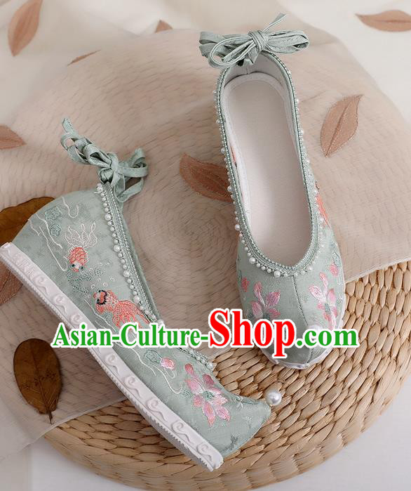 China Handmade Green Cloth Shoes Ancient Ming Dynasty Princess Shoes Embroidered Lotus Goldfish Shoes