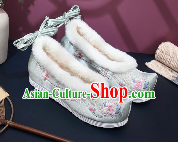 Chinese Classical Wedge Heel Shoes National Winter Shoes Traditional Embroidered Grey Satin Shoes