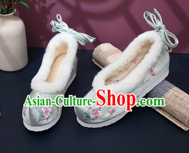 Chinese Classical Wedge Heel Shoes National Winter Shoes Traditional Embroidered Grey Satin Shoes