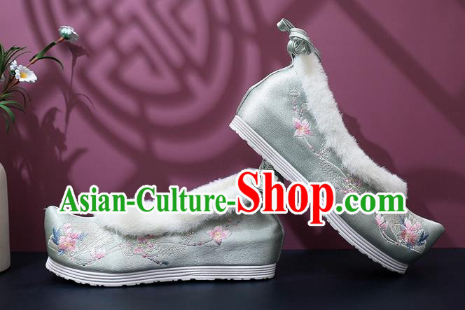 Chinese Classical Wedge Heel Shoes National Winter Shoes Traditional Embroidered Grey Satin Shoes