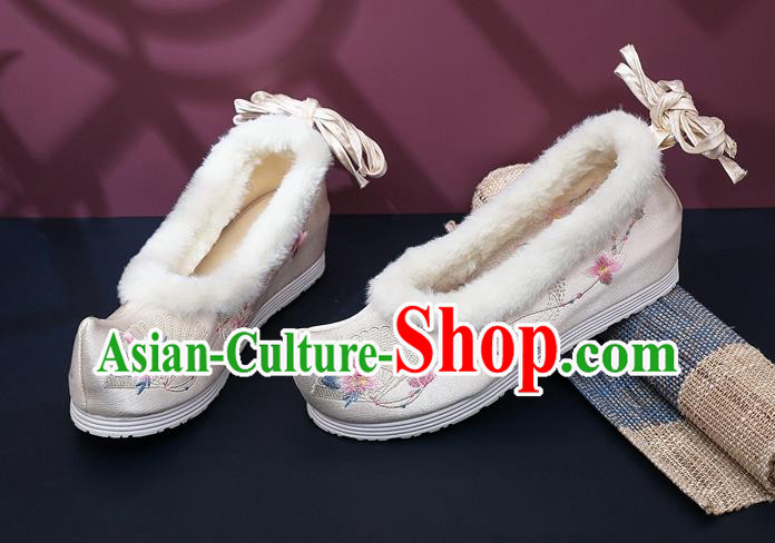 Chinese Traditional Embroidered Beige Satin Shoes Classical Wedge Heel Shoes National Winter Shoes