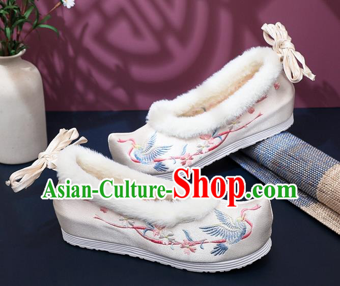 Chinese National Winter Wedge Heel Shoes Traditional Embroidered Beige Satin Shoes Classical Hanfu Shoes