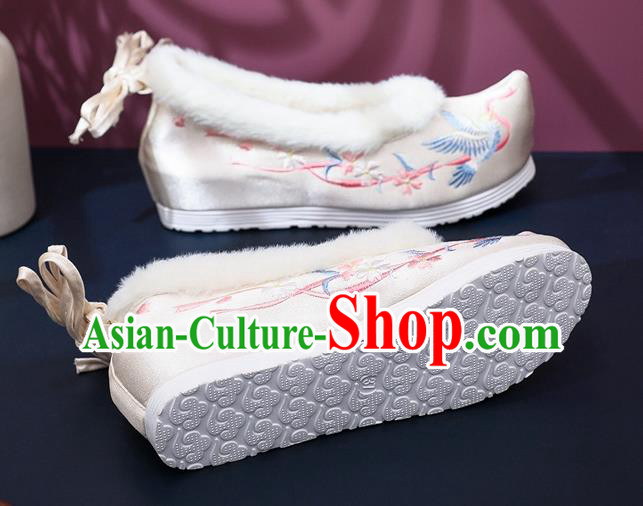 Chinese National Winter Wedge Heel Shoes Traditional Embroidered Beige Satin Shoes Classical Hanfu Shoes