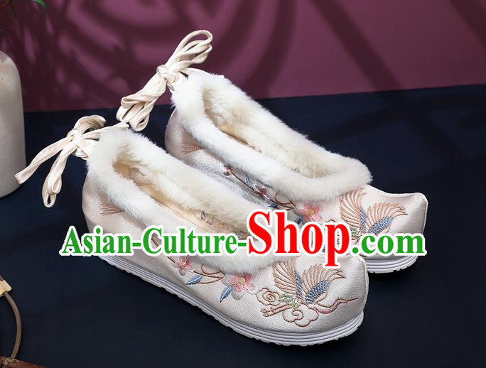Chinese Classical Hanfu White Satin Shoes National Winter Wedge Heel Shoes Traditional Embroidered Peach Blossom Shoes