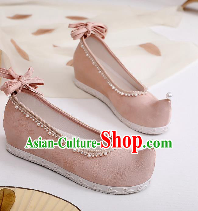 China Classical Dance Bow Shoes Handmade Pink Cloth Shoes Ancient Princess Hanfu Shoes