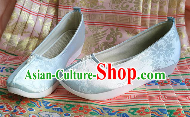 China Traditional Blue Satin Shoes Ming Dynasty Princess Shoes Ancient Hanfu Shoes