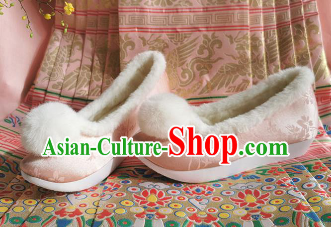 China Ancient Hanfu Winter Shoes Traditional Pink Satin Shoes Ming Dynasty Princess Shoes