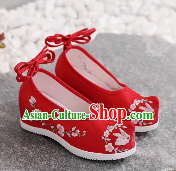 Chinese Traditional Hanfu Wedge Heel Shoes Embroidered Red Satin Shoes National Woman Shoes