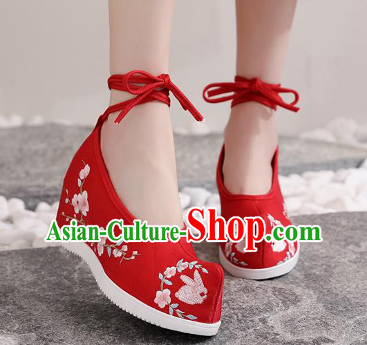 Chinese Traditional Hanfu Wedge Heel Shoes Embroidered Red Satin Shoes National Woman Shoes