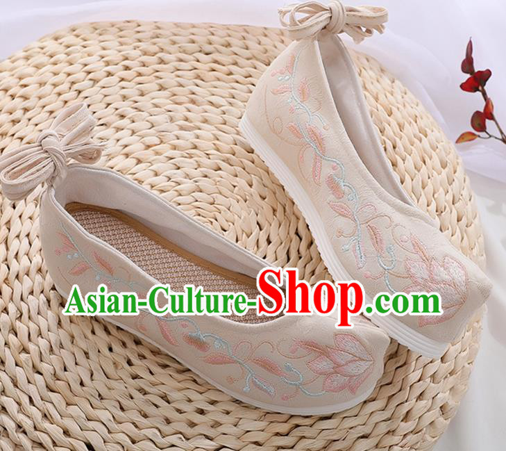 China Ancient Dance Hanfu Shoes Traditional Ming Dynasty Princess Shoes Khaki Cloth Embroidered Shoes