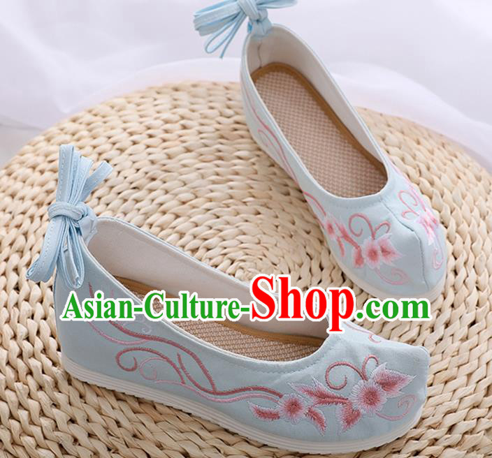 China Ancient Princess Hanfu Shoes Classical Dance Blue Cloth Shoes Embroidered Shoes