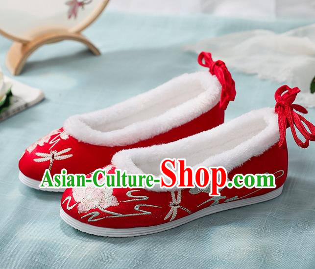 Chinese National Woman Winter Shoes Traditional Wedding Shoes Red Cloth Shoes Embroidered Lotus Shoes