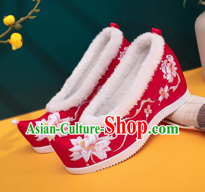 Chinese National Winter Wedding Shoes Traditional Xiuhe Suit Red Cloth Shoes Woman Embroidered Lotus Shoes