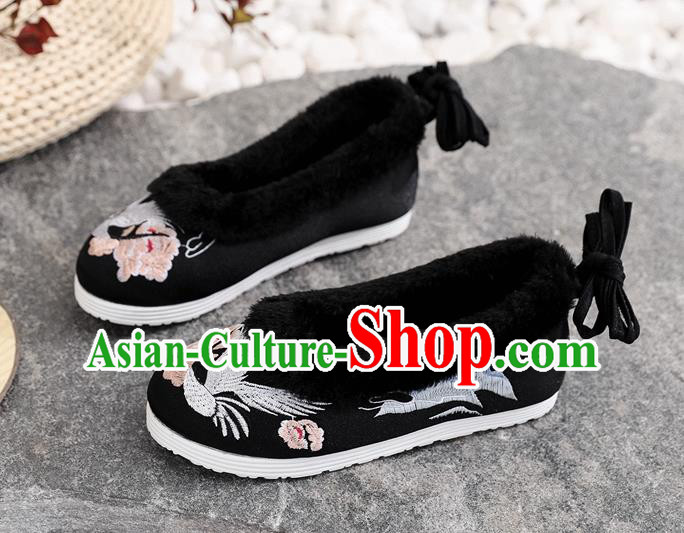 Chinese National Black Cloth Shoes Traditional Winter Shoes Woman Embroidered Crane Shoes