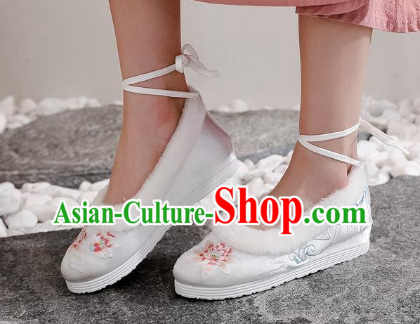 Chinese Woman Embroidered Lotus Shoes National Winter White Cloth Shoes Traditional Dance Shoes