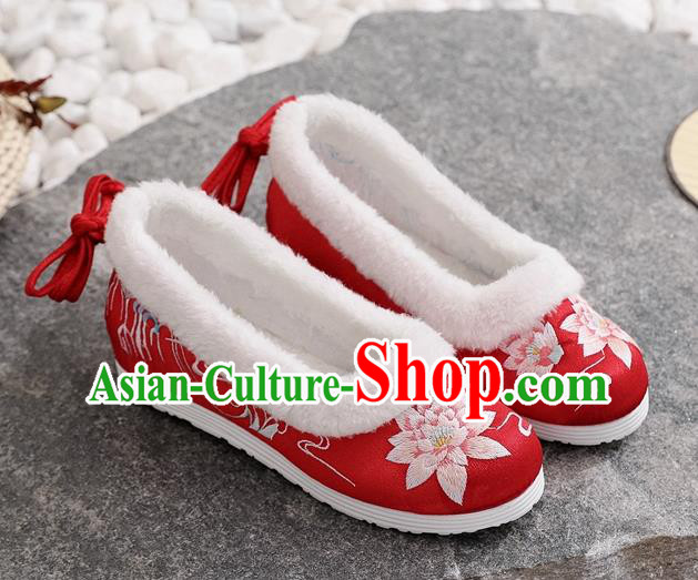 Chinese Traditional Xiuhe Suit Bride Shoes Woman Embroidered Lotus Shoes National Winter Red Cloth Shoes