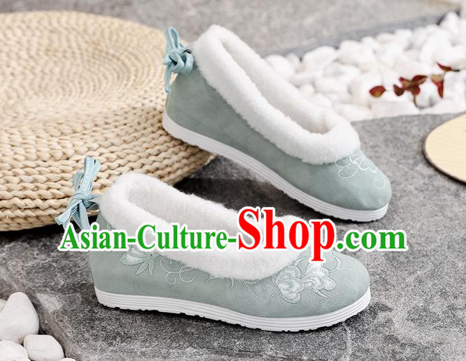 Chinese Woman Embroidered Shoes National Winter Light Green Cloth Shoes Traditional Folk Dance Shoes