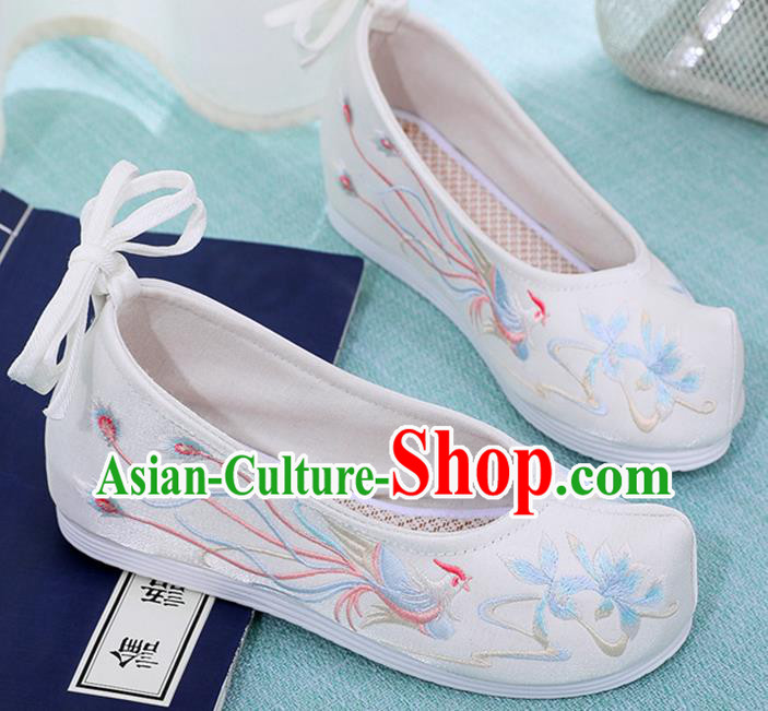 China Ancient Princess Hanfu Shoes Classical Dance Bow Shoes Embroidered Phoenix White Cloth Shoes