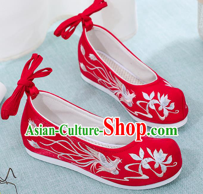 China Wedding Embroidered Phoenix Red Cloth Shoes Ancient Princess Hanfu Shoes Classical Dance Bow Shoes