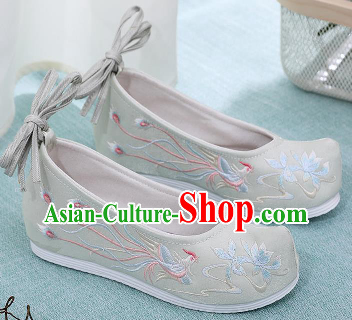 China Light Green Embroidered Phoenix Shoes Ancient Princess Shoes Classical Hanfu Shoes