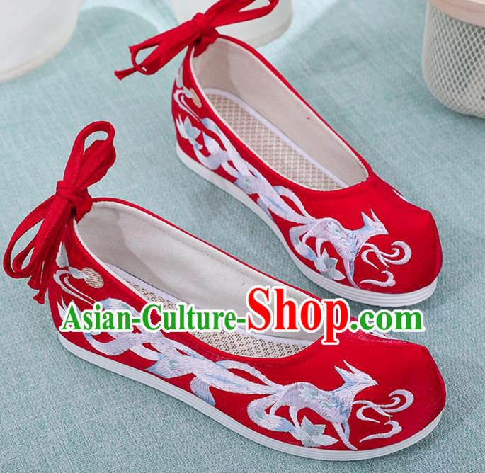 China Ancient Fairy Princess Shoes Classical Hanfu Red Cloth Shoes Wedding Embroidered Nine Tail Fox Shoes