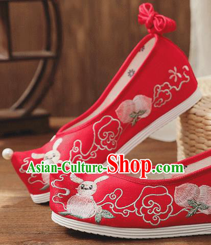 China Handmade Wedding Red Cloth Bow Shoes Folk Dance Shoes Embroidered Peach Shoes