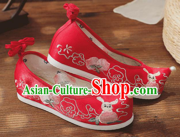 China Handmade Wedding Red Cloth Bow Shoes Folk Dance Shoes Embroidered Peach Shoes