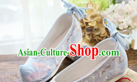 China Handmade Folk Dance Shoes Embroidered Blue Cloth Bow Shoes Traditional Hanfu Shoes