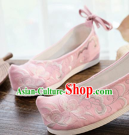 China Traditional Hanfu Shoes Handmade Folk Dance Shoes Embroidered Pink Cloth Bow Shoes