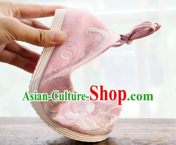 China Traditional Hanfu Shoes Handmade Folk Dance Shoes Embroidered Pink Cloth Bow Shoes