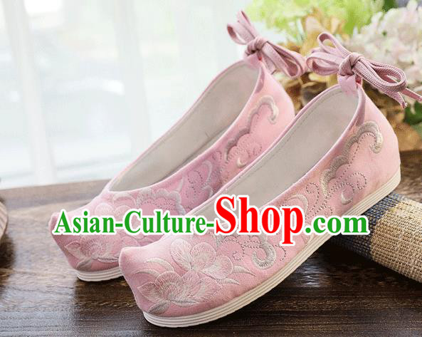 China Traditional Hanfu Shoes Handmade Folk Dance Shoes Embroidered Pink Cloth Bow Shoes