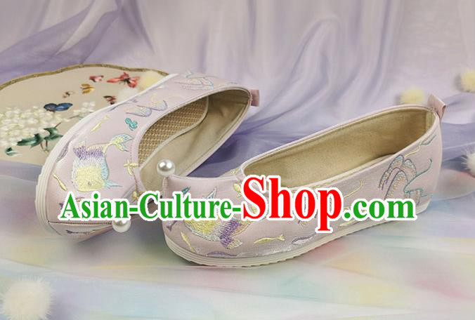 China Traditional Hanfu Pink Cloth Shoes Handmade Ming Dynasty Bow Shoes Ancient Princess Embroidered Shoes
