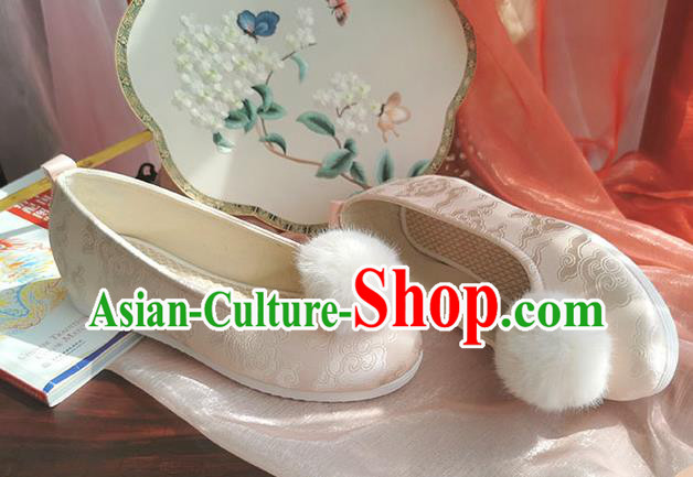 China Ancient Princess Shoes Traditional Hanfu Shoes Handmade Ming Dynasty Champagne Satin Shoes