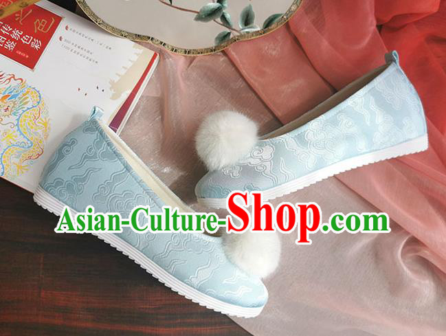 China Handmade Ming Dynasty Light Blue Satin Shoes Ancient Princess Shoes Traditional Hanfu Shoes