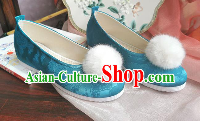 China Traditional Hanfu Shoes Handmade Ming Dynasty Blue Satin Shoes Ancient Princess Shoes