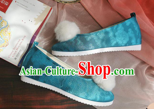 China Traditional Hanfu Shoes Handmade Ming Dynasty Blue Satin Shoes Ancient Princess Shoes