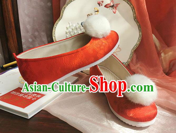 China Traditional Hanfu Shoes Handmade Ancient Jin Dynasty Princess Shoes Red Satin Shoes