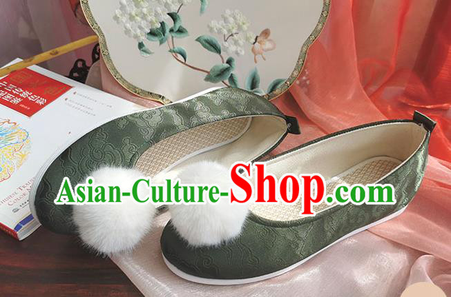 China Handmade Ancient Jin Dynasty Princess Shoes Olive Green Satin Shoes Traditional Hanfu Shoes