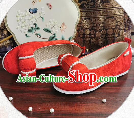 China Traditional Hanfu Pearls Shoes Handmade Ancient Jin Dynasty Princess Shoes Wedding Red Satin Shoes