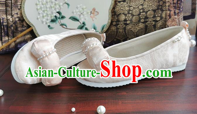 China Ancient Jin Dynasty Princess Shoes Handmade Champagne Cloth Shoes Traditional Hanfu Pearls Shoes
