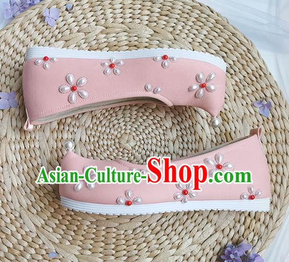 China Traditional Song Dynasty Pearls Shoes Ancient Princess Bow Shoes Handmade Hanfu Pink Cloth Shoes