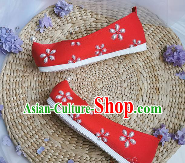China Handmade Wedding Red Cloth Shoes Traditional Song Dynasty Pearls Shoes Ancient Princess Shoes