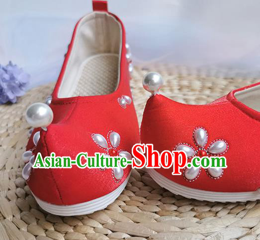 China Handmade Wedding Red Cloth Shoes Traditional Song Dynasty Pearls Shoes Ancient Princess Shoes