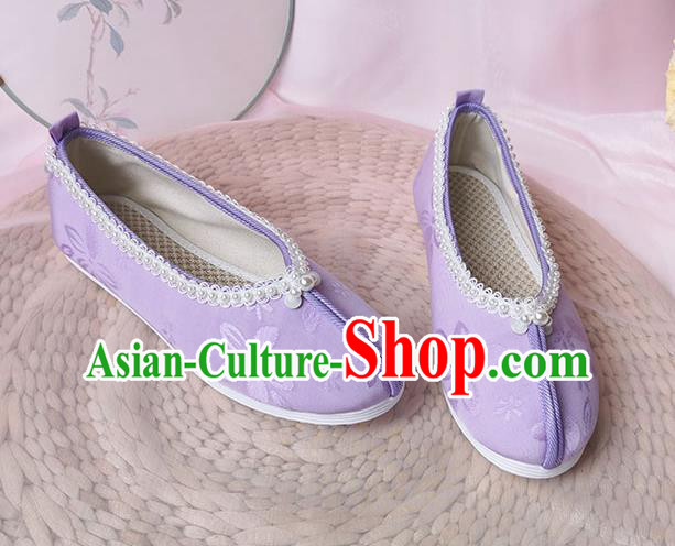 China Ancient Palace Lady Shoes Classical Violet Cloth Shoes Traditional Song Dynasty Hanfu Shoes
