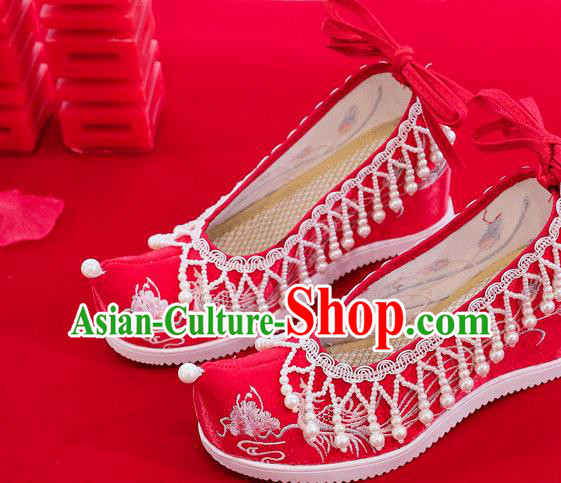 China Traditional Wedding Bride Shoes Handmade Pearls Tassel Wedge Shoes Red Embroidered Shoes