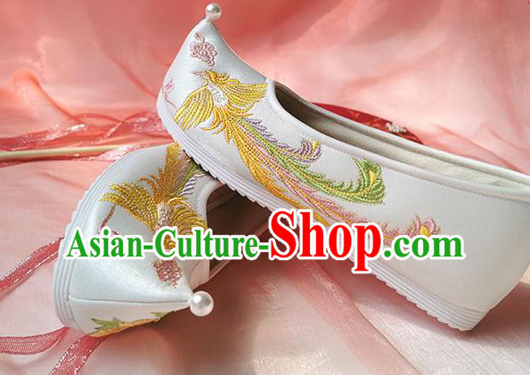 China Traditional Ming Dynasty Hanfu Shoes Ancient Princess White Shoes Classical Embroidered Phoenix Shoes